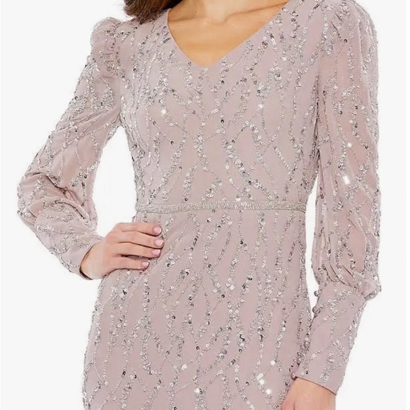 Mac Duggal sequin V-neck, long bishop sleeve trumpet dress Sz 10 - Picture 2 of 14